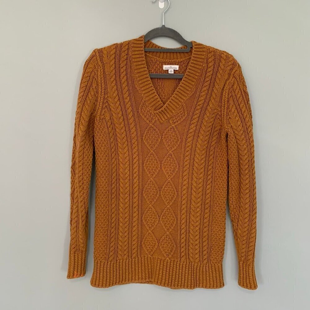 L.L. Bean Signature Sweater Women XS Dark Yellow Cable Knit V-Neck Pullover